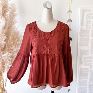 RUSTTYDUSTTY Rust Orange Crochet Long Sleeve Peasant Top